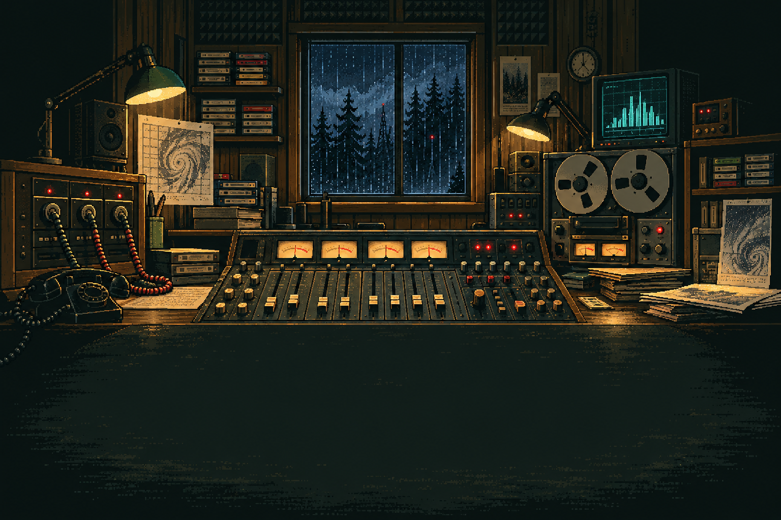 A rain-soaked late-night radio studio with a mixing desk and tape machines