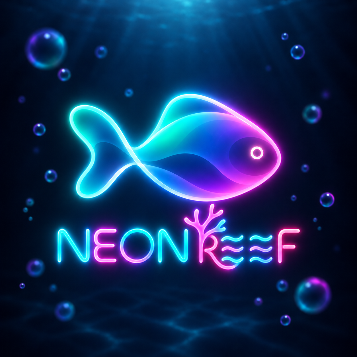 Neon Reef logo: a glowing cyan and pink fish